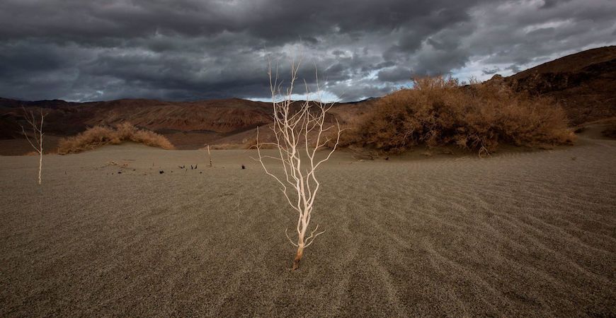 A storm approaches desert sands near Lone Pine, Calif. California agriculture faces a future of drought and flooding. (David McNew / AFP/Getty Images)